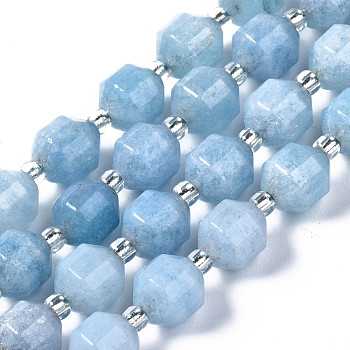 Natural White Jade Beads Strands, Imitation Aquamarine, with Seed Beads, Faceted, Polygon, 8x7.5mm, Hole: 1.2mm, about 37~39pcs/strand, 14.69 inch~15.16 inch(37.3cm~38.5cm)