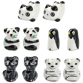 10Pcs 5 Styles Handmade Porcelain Beads, Hand Painted Ceramic Beads, Animal, Famille Rose Porcelain, Mixed Shapes, 16~24x9~16.5x10~21mm, Hole: 1.4~2.5mm, 2pcs/style