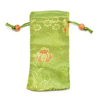Polyester Pouches, Drawstring Bag, with Wood Beads, Rectangle with Floral Pattern, Green Yellow, 16~17x7.8~8x0.35cm