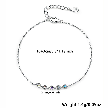 Heart Cubic Zirconia Link Bracelets, Rhodium Plated 925 Sterling Silver Cable Chains Bracelets for Women, Platinum, 6-1/4 inch(16cm)