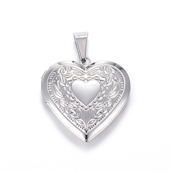 316 Stainless Steel Locket Pendants, Heart, Stainless Steel Color, 29x29x7mm, Hole: 9x5mm, Inner: 21x17mm