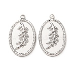 304 Stainless Steel Pendants, Oval with Leaf Charms, Stainless Steel Color, 21x13x2.5mm, Hole: 1.6mm(STAS-C184-08P)