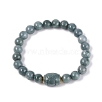 Natural Myanmar Jade Round and Carved Barrel Beaded Stretch Bracelets, with Golden Brass Findings, Golden, Steel Blue, Inner Diameter: 1.93 inch(4.9cm), Barrel: 12.5x11mm, Round: 7.5mm(BJEW-Q100-04)