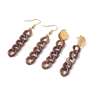 Chunky Acrylic Curb Chain Long Drop Earrings, 1Pair Stud & 1Pair Dangle Earrings, Brass Jewelry for Women, Sienna, 63x17mm, 57x12mm, Pin: 0.7mm(EJEW-JE04772-04)