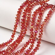 Electroplate Transparent Glass Beads Strands, Full Rainbow Plated, Faceted, Rondelle, Red, 6x5mm, Hole: 1mm, about 85~88pcs/strand, 16.1~16.5 inch(41~42cm)(EGLA-A034-T6mm-T02)