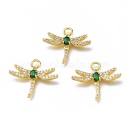 Brass Micro Pave Cubic Zirconia Pendants, Long-Lasting Plated, Dragonfly Shape, Real 18k Gold Plated, Green, 18.5x21.5x3.5mm, Hole: 2.5mm(ZIRC-H102-05A-G)