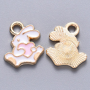 Alloy Enamel Charms, Rabbit with Heart, Light Gold, Pearl Pink, 13.5x12x1.5mm, Hole: 2mm(X-ENAM-S121-117B)