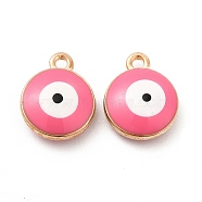 Alloy Enamel Charms, Flat Round with Evil Eye Pattern, Light Gold, Pink, 13x10.5x4mm, Hole: 1.4mm(FIND-G048-19KCG)