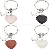 4Pcs 4 Style Heart Gemstone Keychain, with Alloy Tube Bails, 304 Stainless Steel Moon Pendants and Iron Split Key Rings, Mixed Color, 5.5cm,  1pc/style(KEYC-FH0001-11)