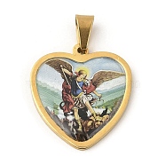 Ion Plating(IP) 304 Stainless Steel Pendants, with Enamel, Heart with Saint Charm, Religion, Golden, 31x29x2mm, Hole: 9x5.5mm(STAS-H182-11C-G)
