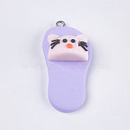 Handmade Polymer Clay Kitten Pendants, with Iron Findings, Slipper with Cat Head Shape, Platinum, Lilac, 42~43x19~20x11~14mm, Hole: 1.5mm(CLAY-S093-04E)