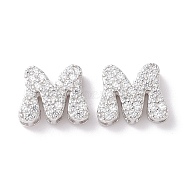 925 Sterling Silver Micro Pave Cubic Zirconia Beads, Real Platinum Plated, Letter M, 9.5x11x3.5mm, Hole: 2.5x1.5mm(STER-Z005-15P-M)