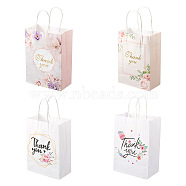 Cheriswelry 24Pcs 4 Style Rectangle with Word Thanks You Kraft Paper Bags, with Handles, for Gift & Shopping Bags, Flower Pattern, 21.5x14.9x0.05cm, 6pcs/style, 4 style, 24pcs(AJEW-CW0001-04)