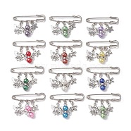 12Pcs 12 Colors Angel & Star Charms Safety Pin Brooch, Alloy Kilt Pins for Sweater Clasp Pants Waist Extender, with Imitation Pearl Acrylic Beads, Mixed Color, 38x50.5mm, 1pc/style(JEWB-BR00156)