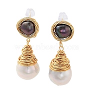 Natural Pearl Dangle Stud Earrings, with Brass Findings and 925 Sterling Silver Pins, Teardrop, Real 14K Gold Plated, 34x12mm(EJEW-P256-17G)