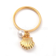 Dual-use Items, 304 Stainless Steel Finger Rings or Pendants, with Plastic Round Beads, Shell, White, Golden, US Size 7(17.3mm)(RJEW-O045-10C-G)