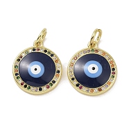 Real 18K Gold Plated Brass Micro Pave Cubic Zirconia Pendants, with Enamel and Jump Ring, Evil Eye Charms, Flat Round, 17x15x3.5mm, Hole: 4mm(KK-L209-072G-03)