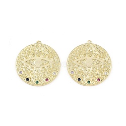 Brass Micro Pave Colorful Cubic Zirconia Pendants, Round with Evil Eye Charms, Rack Plating, Long-Lasting Plated, Cadmium Free & Lead Free, Golden, 21.5x20x2mm, Hole: 0.9mm(CU-CBA764E-02G)