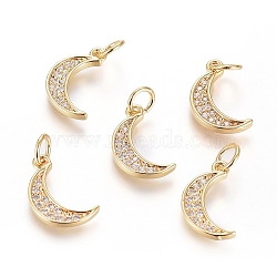 Brass Micro Pave Cubic Zirconia Pendants, with Jump Ring, Long-Lasting Plated, Moon, Clear, Real 18K Gold Plated, 13x7.5x1.5mm, Hole: 3.5mm(X-ZIRC-G166-09G)