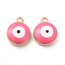 Alloy Enamel Charms, Flat Round with Evil Eye Pattern, Light Gold, Pink, 13x10.5x4mm, Hole: 1.4mm(FIND-G048-19KCG)