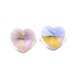 Pointed Back Electroplate Faceted Glass Pendants, Heart, Pink, 14x14x7mm, Hole: 1.6mm(EGLA-N006-046)