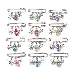 12Pcs 12 Colors Angel & Star Charms Safety Pin Brooch, Alloy Kilt Pins for Sweater Clasp Pants Waist Extender, with Imitation Pearl Acrylic Beads, Mixed Color, 38x50.5mm, 1pc/style(JEWB-BR00156)