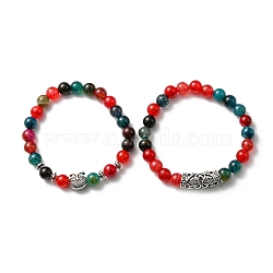 Natural Agate Stretch Bracelets Set with Alloy Owl Beaded, Gemstone Jewelry for Women, 7-1/2 inch(19cm), 1Pc/style(ANIM-PW0003-027C)