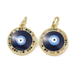 Real 18K Gold Plated Brass Micro Pave Cubic Zirconia Pendants, with Enamel and Jump Ring, Evil Eye Charms, Flat Round, 17x15x3.5mm, Hole: 4mm(KK-L209-072G-03)