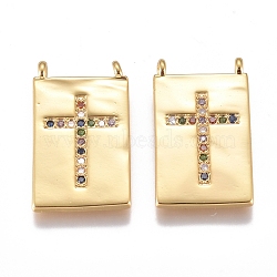 Brass Micro Pave Cubic Zirconia Pendants, Long-Lasting Plated, Rectangle with Cross, Colorful, Golden, 22.5x13x2mm, Hole: 1.5mm(X-ZIRC-G168-28G)