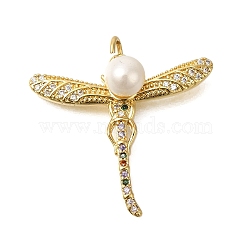 Rack Plating Brass Micro Pave Cubic Zirconia Pendants, with ABS Imitation Pearl Beads, Long-Lasting Plated, Lead Free & Cadmium Free, Dragonfly Charms, with Jump Ring, Real 18K Gold Plated, 25x27x8mm, Hole: 3mm(ZIRC-F142-23G)