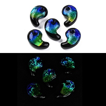 Luminous Handmade Silver Foil Lampwork Beads, Magatama Shape, Blue, 31x20x11mm, Hole: 3mm