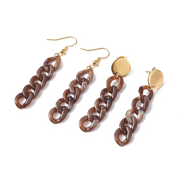 Chunky Acrylic Curb Chain Long Drop Earrings, 1Pair Stud & 1Pair Dangle Earrings, Brass Jewelry for Women, Sienna, 63x17mm, 57x12mm, Pin: 0.7mm