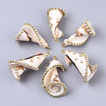 Natural Conch Shell Pendants, with Brass Rhinestone Cup Chains and Iron Loops, Golden, Beige, 30~37.5x17~21.5x17~21.5mm, Hole: 1.8mm