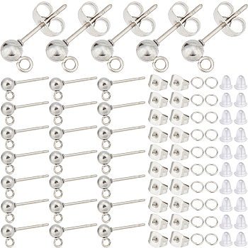 150Pcs 202 Stainless Steel Ball Stud Earring Findings, with 304 Stainless Steel Pins and Vertical Loop, 150Pcs Jump Rings, 300Pcs Ear Nuts, Stainless Steel Color, 15mm, Hole: 1.7mm, Pin: 0.7mm