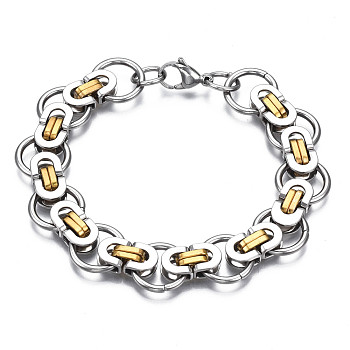 Ion Plating(IP) Two Tone 201 Stainless Steel Byzantine Chain Bracelet for Men Women, Nickel Free, Real 18K Gold Plated, 8-1/4 inch(21cm)