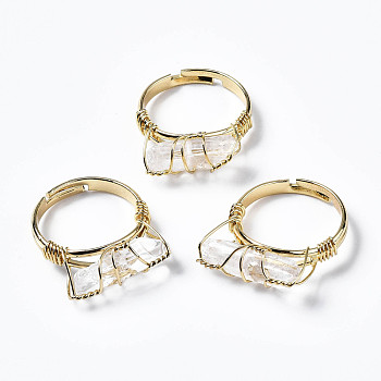 Adjustable Natural Quartz Crystal Finger Rings, with Light Gold Brass Findings, US Size 8(18.1mm)