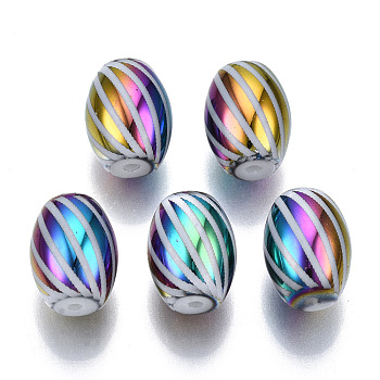 Electroplate Glass Beads, Barrel with Stripe Pattern, Colorful, 11x8mm, Hole: 1.2mm, about 200pcs/bag