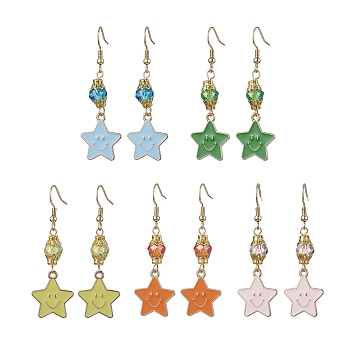 304 Stainless Steel Glass Dangle Earrings, Star Alloy Enamel Earrings for Women, Mixed Color, 53.5x17.5mm