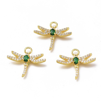 Brass Micro Pave Cubic Zirconia Pendants, Long-Lasting Plated, Dragonfly Shape, Real 18k Gold Plated, Green, 18.5x21.5x3.5mm, Hole: 2.5mm
