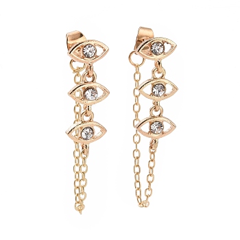 Crystal Rhinestone Horse Eye Hanging Chain Dangle Stud Earrings, Alloy Jewelry for Women, Golden, 35mm, Pin: 0.7mm