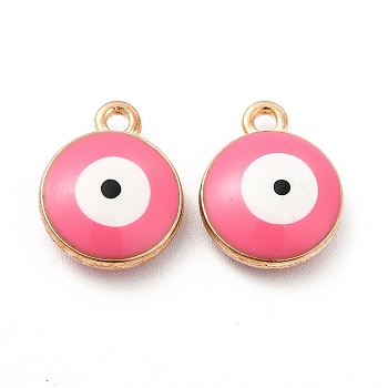 Alloy Enamel Charms, Flat Round with Evil Eye Pattern, Light Gold, Pink, 13x10.5x4mm, Hole: 1.4mm