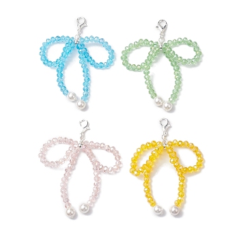4Pcs Bowknot Shell Pearl & Glass Pendant Decorations, Alloy Lobster Claw Clasps Charms for Bag Key Chain Ornaments, Mixed Color, 64~68mm