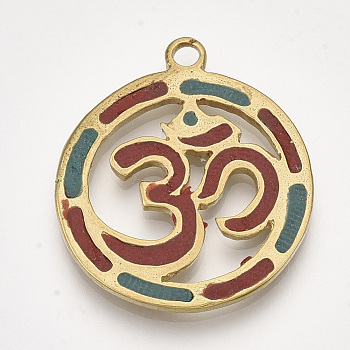 Handmade Indonesia Pendants, with Brass Findings, Flat Round with Om Symbol, Golden, Red, 31x26.5x2mm, Hole: 2.5mm