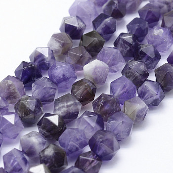 Natural Chevron Amethyst Beads Strands, Star Cut Round Beads, Faceted, 8~8.5mm, Hole: 1mm, about 48~50pcs/strand, 14.9~15.1 inch(38~38.5cm)