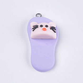 Handmade Polymer Clay Kitten Pendants, with Iron Findings, Slipper with Cat Head Shape, Platinum, Lilac, 42~43x19~20x11~14mm, Hole: 1.5mm