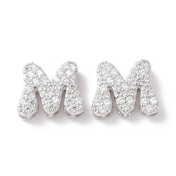 925 Sterling Silver Micro Pave Cubic Zirconia Beads, Real Platinum Plated, Letter M, 9.5x11x3.5mm, Hole: 2.5x1.5mm