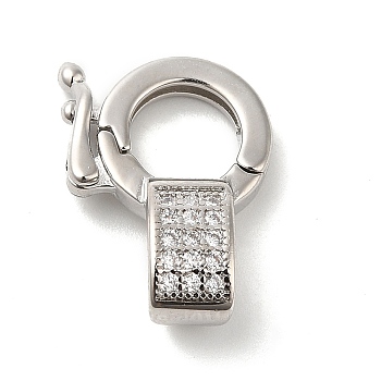 Brass Micro Pave Clear Cubic Zirconia Twister Clasps, Lead Free & Cadmium Free, Long-Lasting Plated, Flat Round, Platinum, 18x13.5x6mm