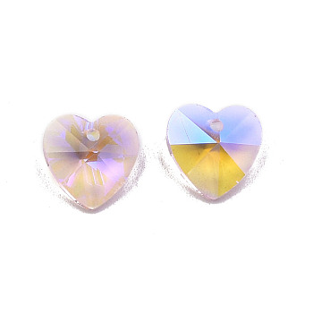Pointed Back Electroplate Faceted Glass Pendants, Heart, Pink, 14x14x7mm, Hole: 1.6mm