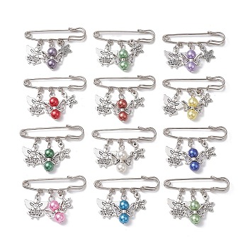 12Pcs 12 Colors Angel & Star Charms Safety Pin Brooch, Alloy Kilt Pins for Sweater Clasp Pants Waist Extender, with Imitation Pearl Acrylic Beads, Mixed Color, 38x50.5mm, 1pc/style