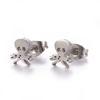 304 Stainless Steel Stud Earrings, Hypoallergenic Earrings, with Ear Nuts/Earring Back, Octopus, Stainless Steel Color, 7.5x7mm, Pin: 0.8mm, 12pairs/card